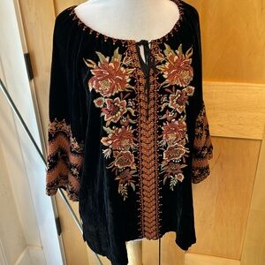 Johnny Was Black VELVET Embroidered Peasant Blouse 2XL Elim